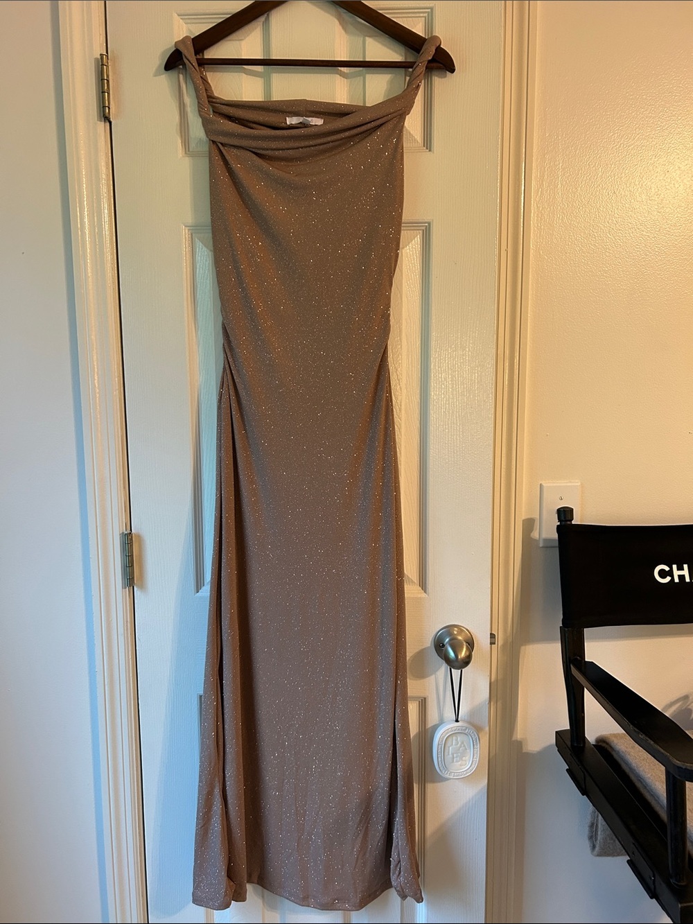 IRIS Taupe Glitter Cowl Neck Evening Dress Size Medium